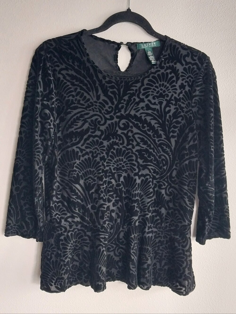 Lauren Ralph Lauren Black Damask Floral Velvet Burnout Peplum Waist Top